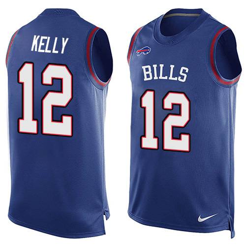 Men's Limited Jim Kelly Nike Jersey Royal Blue - #12 Player Name & Number Tank Top NFL Buffalo Bills